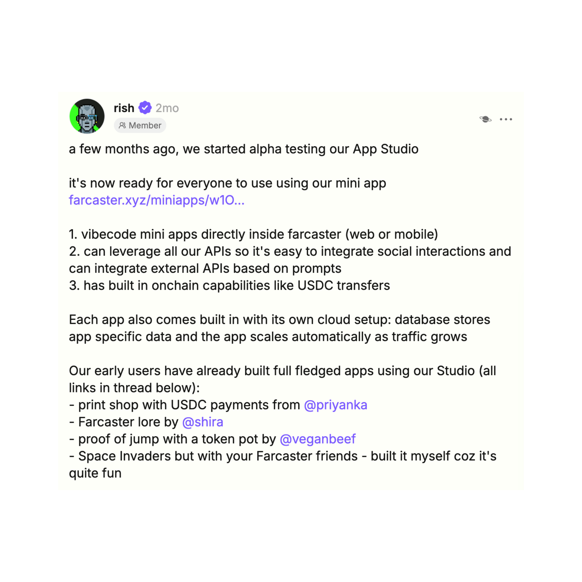 Neynar founder rish mentioning Lore Mini App